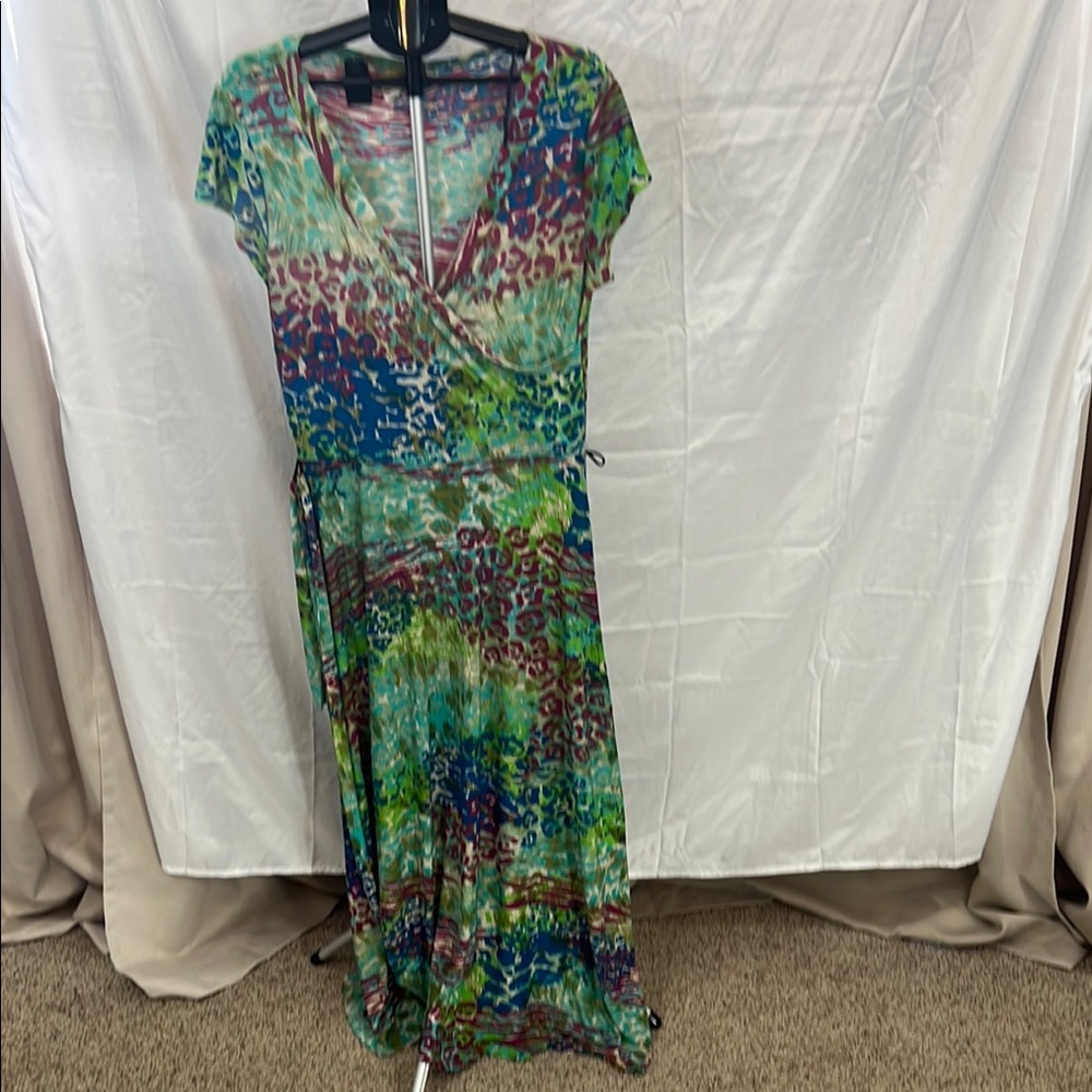 Green and Blue Tiered Maxi Dress with V-Neck